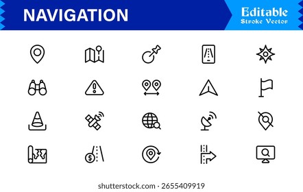Navigation Icon Set Featuring Compass, Map, Location Pins, and Direction Symbols in Vector Style