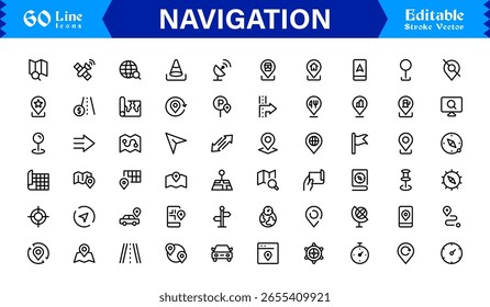 Conjunto de iconos de navegación con brújula, mapa, pines de Locación y símbolos de dirección en estilo de Vector