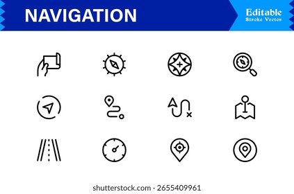 Navigation Icon Set Featuring Compass, Map, Location Pins, and Direction Symbols in Vector Style