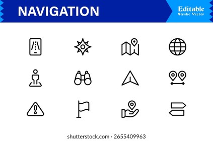 Conjunto de iconos de navegación con brújula, mapa, pines de Locación y símbolos de dirección en estilo de Vector