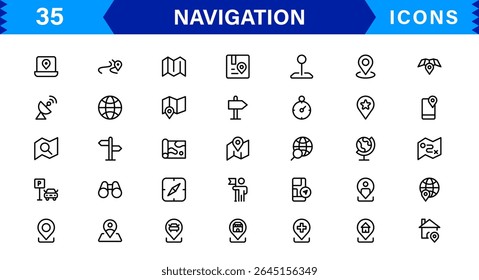 Navigation Icon Set Featuring Map, Compass, Direction, Location, and GPS Concepts in a Simple, Download-Ready, and Professional Vector Style