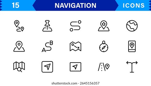 Navigation Icon Set Featuring Map, Compass, Direction, Location, and GPS Concepts in a Simple, Download-Ready, and Professional Vector Style