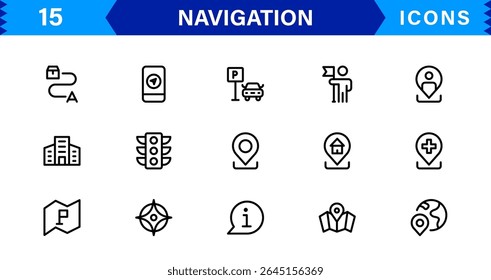 Navigation Icon Set Featuring Map, Compass, Direction, Location, and GPS Concepts in a Simple, Download-Ready, and Professional Vector Style
