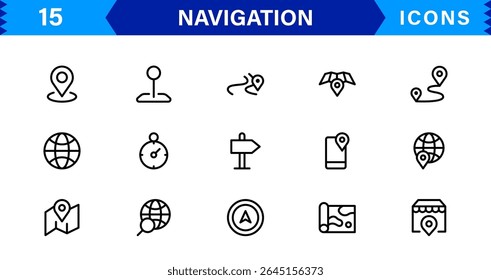 Navigation Icon Set Featuring Map, Compass, Direction, Location, and GPS Concepts in a Simple, Download-Ready, and Professional Vector Style