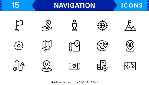 Navigation Icon Set Featuring Map, Compass, Direction, Location, and GPS Concepts in a Simple, Download-Ready, and Professional Vector Style