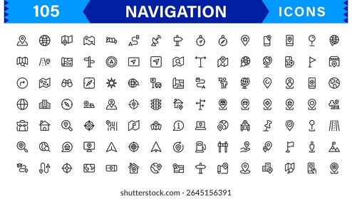 Navigation Icon Set Featuring Map, Compass, Direction, Location, and GPS Concepts in a Simple, Download-Ready, and Professional Vector Style