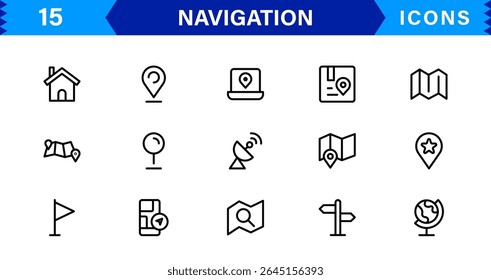 Navigation Icon Set Featuring Map, Compass, Direction, Location, and GPS Concepts in a Simple, Download-Ready, and Professional Vector Style