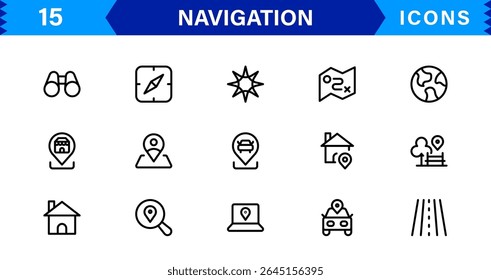 Navigation Icon Set Featuring Map, Compass, Direction, Location, and GPS Concepts in a Simple, Download-Ready, and Professional Vector Style
