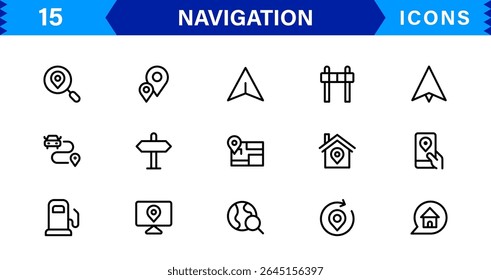 Navigation Icon Set Featuring Map, Compass, Direction, Location, and GPS Concepts in a Simple, Download-Ready, and Professional Vector Style