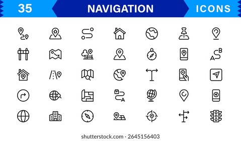 Navigation Icon Set Featuring Map, Compass, Direction, Location, and GPS Concepts in a Simple, Download-Ready, and Professional Vector Style