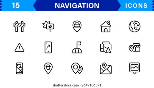 Navigation Icon Set Featuring Map, Compass, Direction, Location, and GPS Concepts in a Simple, Download-Ready, and Professional Vector Style