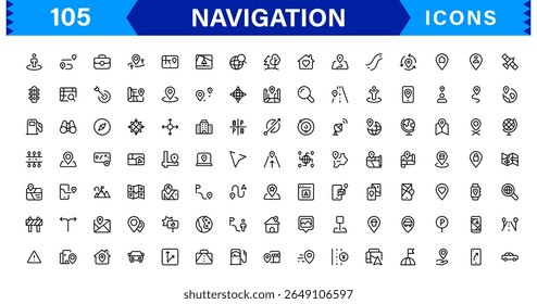 Navigation Icon Set Featuring Map, Compass, Direction, Location, and GPS Concepts in a Simple, Download-Ready, and Professional Vector Style