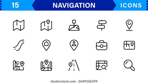 Navigation Icon Set Featuring Map, Compass, Direction, Location, and GPS Concepts in a Simple, Download-Ready, and Professional Vector Style