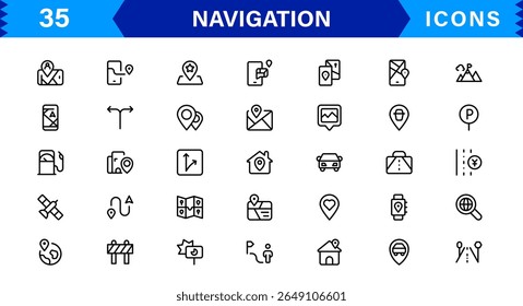 Conjunto de iconos de navegación con mapas, brújula, dirección, Locación y conceptos de GPS en un estilo de Vector simple, listo para la Descarga y de Profesional