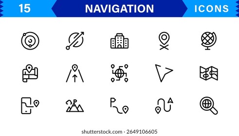 Navigation Icon Set Featuring Map, Compass, Direction, Location, and GPS Concepts in a Simple, Download-Ready, and Professional Vector Style