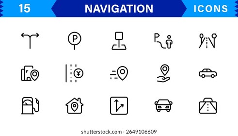 Navigation Icon Set Featuring Map, Compass, Direction, Location, and GPS Concepts in a Simple, Download-Ready, and Professional Vector Style