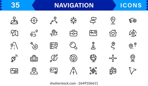 Navigation Icon Set Featuring Map, Compass, Direction, Location, and GPS Concepts in a Simple, Download-Ready, and Professional Vector Style