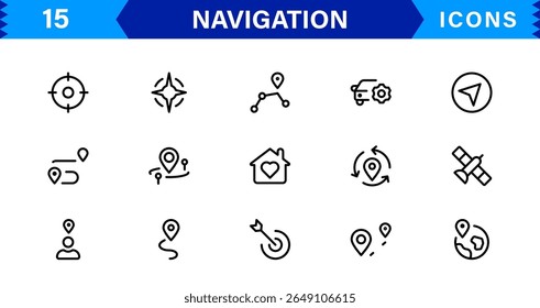 Navigation Icon Set Featuring Map, Compass, Direction, Location, and GPS Concepts in a Simple, Download-Ready, and Professional Vector Style