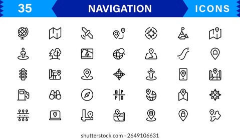 Navigation Icon Set Featuring Map, Compass, Direction, Location, and GPS Concepts in a Simple, Download-Ready, and Professional Vector Style