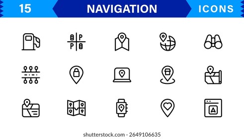 Navigation Icon Set Featuring Map, Compass, Direction, Location, and GPS Concepts in a Simple, Download-Ready, and Professional Vector Style