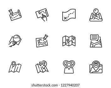 Navigation icon. Set of line icons on white background. Map, route, location. Guide concept. Vector illustration can be used for topics like travel, tourism, destination