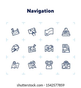 Navigation icon. Set of line icons on white background. Map, route, location. Guide concept. Vector illustration can be used for topics like travel, tourism, destination
