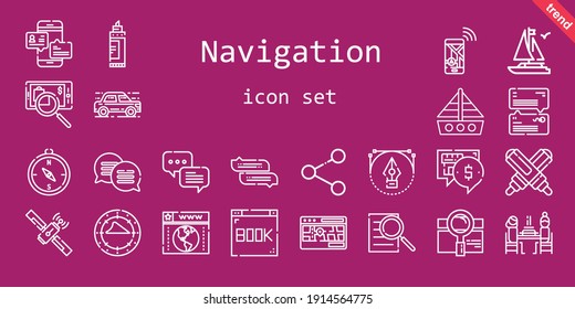 navigation icon set. line icon style. navigation related icons such as searching, boat, pierrade, navigation, search, compass, car, chat, marker, browser, street map, share, vector, satellite