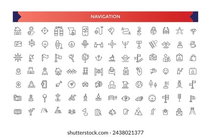 Navigation icon set, Location and Map Line Vector Icons Set. Contains Map with a Pin, Navigator. Outline symbol collection.