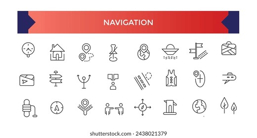 Conjunto de iconos de navegación, Conjunto de iconos vectoriales de línea de ubicación y mapa. Contiene un mapa con un pin, Navegador. Colección de símbolos de contorno.