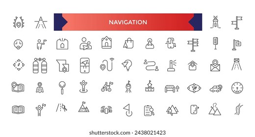 Navigation icon set, Location and Map Line Vector Icons Set. Contains Map with a Pin, Navigator. Outline symbol collection.