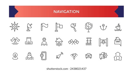 Conjunto de iconos de navegación, Conjunto de iconos vectoriales de línea de ubicación y mapa. Contiene un mapa con un pin, Navegador. Colección de símbolos de contorno.