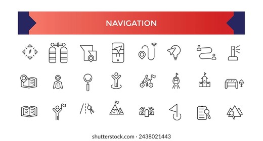 Navigation icon set, Location and Map Line Vector Icons Set. Contains Map with a Pin, Navigator. Outline symbol collection.