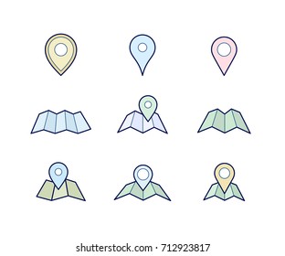 Navigation icon set. Map and geo pin icons. Make your own custom location pin icon for app or contact web page. Map with pin symbol vector icons. Navigation and route concept vector illustration.