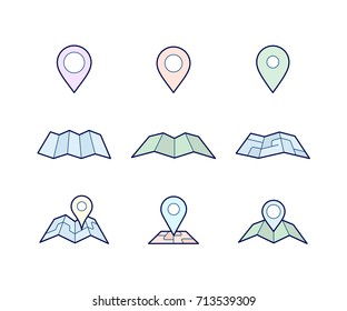 Navigation icon set. Map and geo pin icons. Make your own custom location pin icon for app or contact web page. Map with pin symbol vector icons. Navigation and route concept vector illustration.