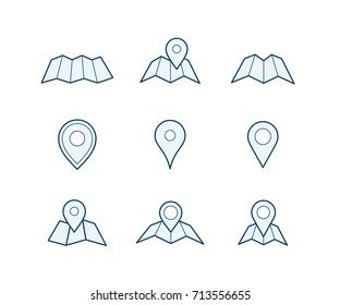 Navigation icon set. Map and geo pin icons. Make your own custom location pin icon for app or contact web page. Map with pin symbol vector icons. Navigation and route concept vector illustration