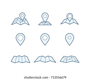 Navigation icon set. Map and geo pin icons. Make your own custom location pin icon for app or contact web page. Map with pin symbol vector icons. Navigation and route concept vector illustration