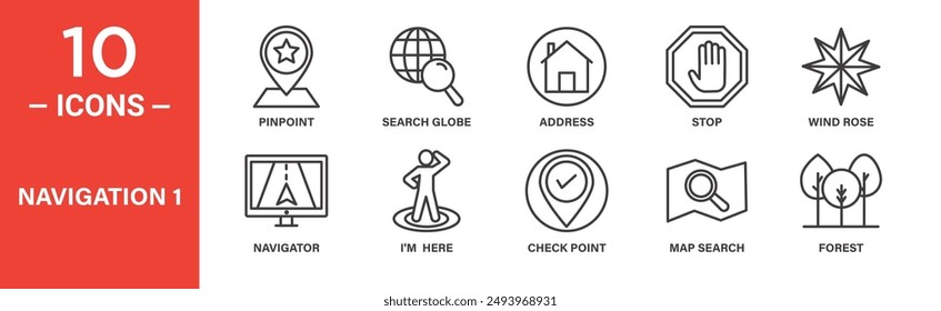 Navigation icon set. Pinpoint, search globe, address, stop, wind rose, icons. Outlined icon collection. Vector illustration.