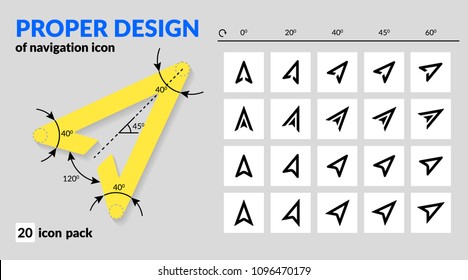 Navigation icon set proper design for map and route navigation in mobile app and web. Various types of arrow sign line and fill. Icon pack of vector map explorer isolated and rotated for navigators