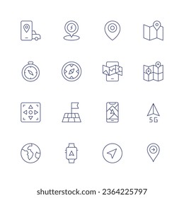 Navigation icon set. Thin line icon. Editable stroke. Containing application, charge, compass, controller pad, flag, globe, gps, location, map, mobile map, navigation, navigator, right.