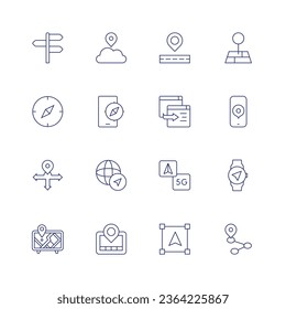 Navigation icon set. Thin line icon. Editable stroke. Containing architecture and ciy, cloud, compass, direction, global, gps, gps navigator, location, navigation, object, point, route, smartphone.