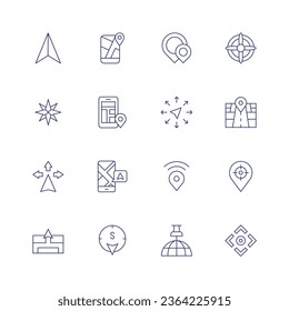 Navigation icon set. Thin line icon. Editable stroke. Containing arrow, compass, directions, gps, location, map, navigation, pin, propeller, scroll, street map, targeting.