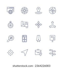 Conjunto de iconos de navegación. Icono de línea delgada. Trazo editable. Conteniendo navegador, brújula, descubrimiento, gps, guía, ubicación, mapa, navegación, pin, radar, t junction, girar a la izquierda, girar.