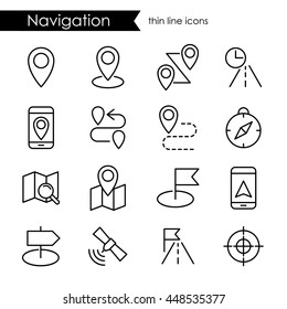 Navigation icon set, thin line stroke, route map and transportation