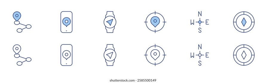 Navigation icon set in two styles, Duotone and Thin Line style. Editable stroke. target, wind rose, compass, route, smartphone, wristwatch.