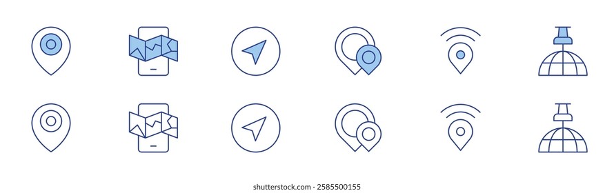 Navigation icon set in two styles, Duotone and Thin Line style. Editable stroke. location, mobile map, navigator, navigation, pin.