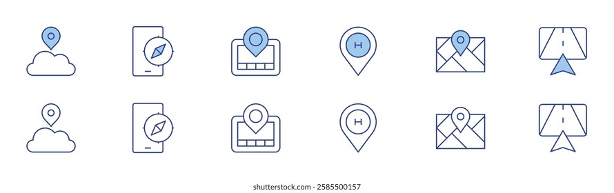 Navigation icon set in two styles, Duotone and Thin Line style. Editable stroke. hospital, map, navigator, cloud, compass, gps navigator.