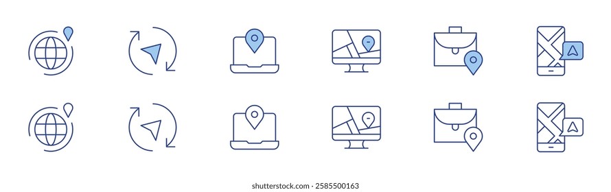 Navigation icon set in two styles, Duotone and Thin Line style. Editable stroke. gps, pin, navigation, around the world, compass.