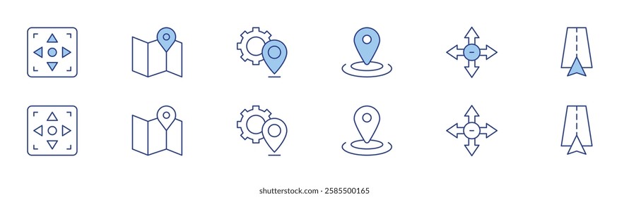 Navigation icon set in two styles, Duotone and Thin Line style. Editable stroke. controller pad, map, location, navigation.