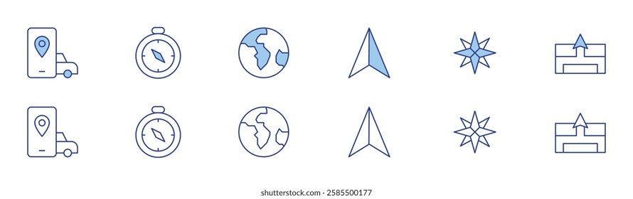 Navigation icon set in two styles, Duotone and Thin Line style. Editable stroke. application, compass, globe, arrow, gps.