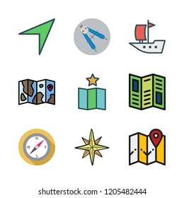 navigation icon set. vector set about map, wind rose, sailboat and compass icons set.